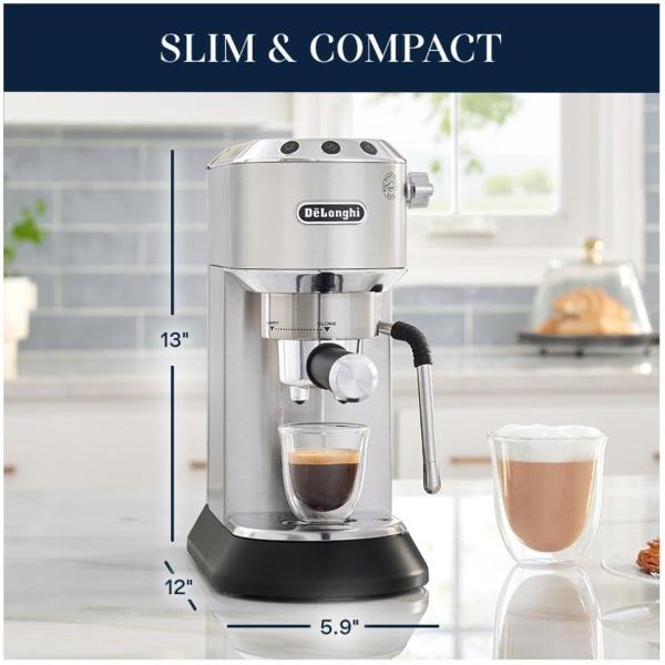 De'Longhi Dedica Arte Espresso Machine with Manual Milk Frother for Espresso, Capuccino, Latte, 35 Ounce Water Tank, Silver, EC885M
