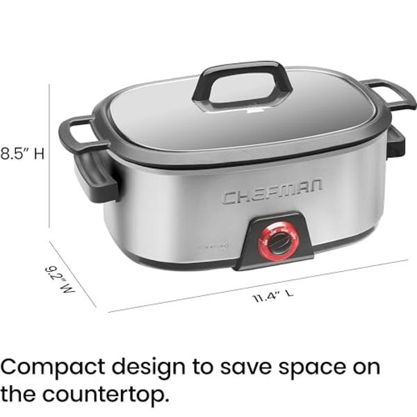Chefman 6-Quart Slow Cooker, Electric Countertop Cooking, Stovetop & Oven-Safe Removable Insert for Browning & Sautéing, Family-Size Soups & Stews, Nonstick & Dishwasher-Safe Inter