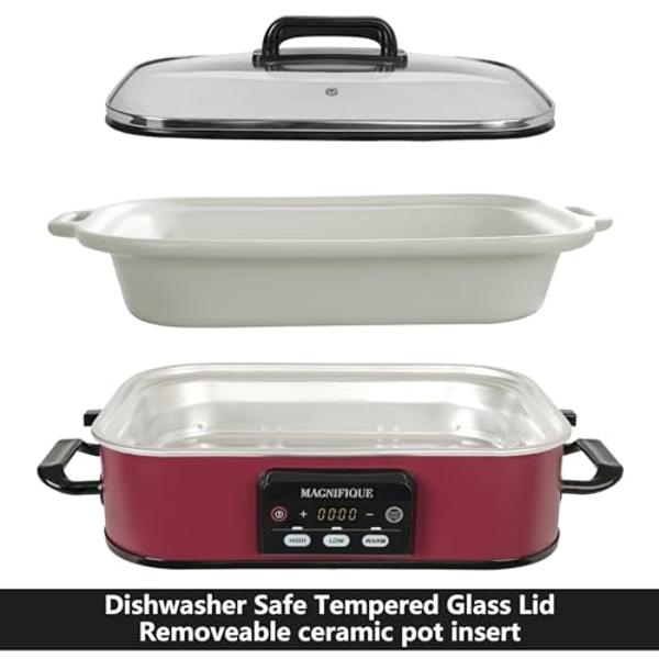 MAGNIFIQUE Small 4 Quart Casserole Programmable Slow Cooker with Ceramic Baking Dish - Perfect Kitchen Small Appliance for Family Dinners, Oven Safe and Durable Bakeware for Lasagn