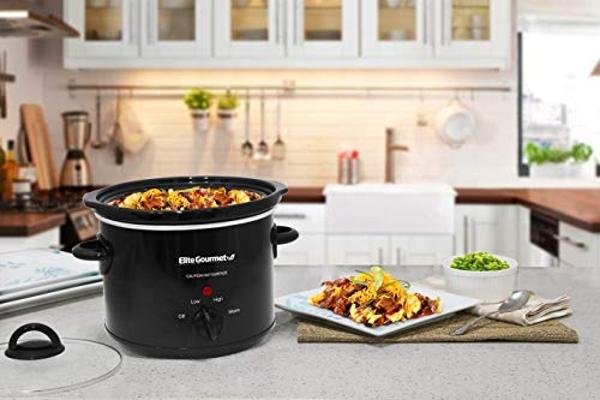 Elite Gourmet MST-350B# Electric Slow Cooker, Adjustable Temp, Entrees, Sauces, Stews & Dips, Dishwasher Safe Glass Lid & Crock (3 Quart, Black)