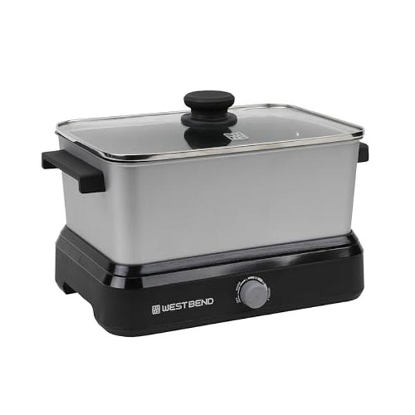 West Bend Slow Cooker 4-Quart Manual Crockery Style with Dishwasher Safe Oval Ceramic Crockpot and Glass Lid Two Temperature Settings Plus Keep Warm, 210-Watts, Black