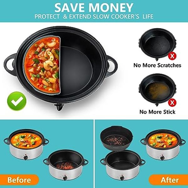COZVO Crockpot Liner, Silicone Crockpot Liner Reusable, Crock Pot Dividers Silicone, Crock Pot Divider Insert Accessory, Fit Oval Slow Cooker 6 Quart, Leakproof, Dishwasher and Foo