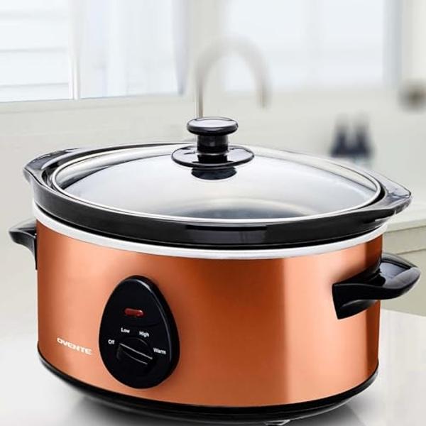 OVENTE Electric Slow Cooker with 3 Cooking Settings, Non-Stick and Dishwasher Safe Stoneware, Stainless Steel Body, Glass Lid, 3.7 Qt Oval Pot for Entrees, Soups, Sauces, Stews & D
