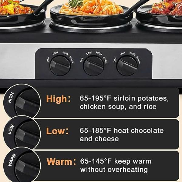 Triple Slow Cooker Buffet Server Food Warmer with 3 Adjustable Temperature Modes, Slow Cooker with 1.5 QT Ceramic Pot, Removeable Glass Lid and 3 PVC Spoons, Dishwasher Safe, Stain