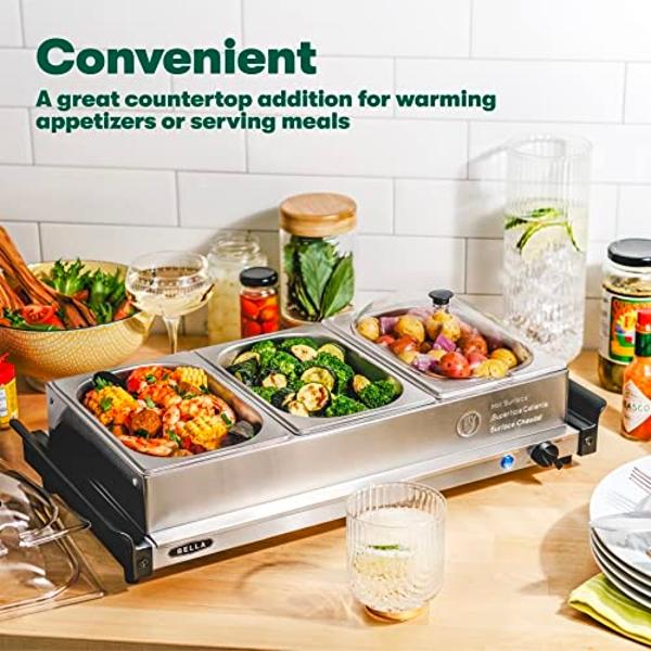 BELLA 3 x 1.5 Quart Triple Electric Buffet Server, Food Warming Tray & Slow Cooker - Brushed Stainless Steel Heated Serving Station for Parties & Catering