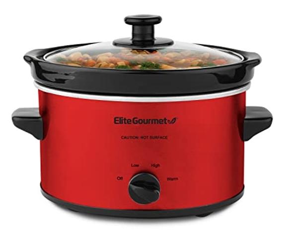 Elite Gourmet MST-275XR# Electric Oval Slow Cooker, Adjustable Temp, Entrees, Sauces, Stews & Dips, Dishwasher Safe Glass Lid & Crock (2 Quart, Metallic Red)