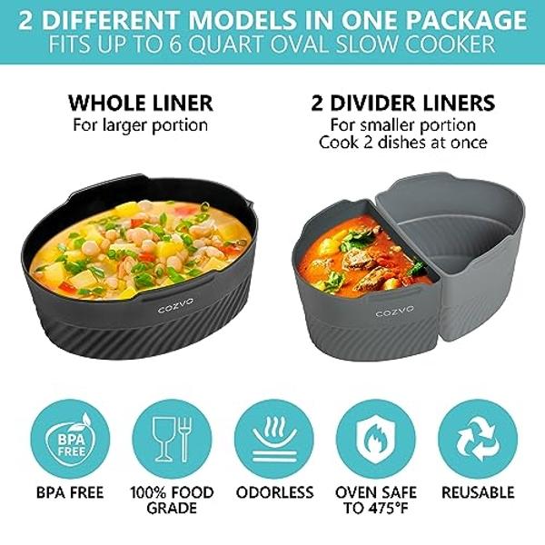 COZVO Crockpot Liner, Silicone Crockpot Liner Reusable, Crock Pot Dividers Silicone, Crock Pot Divider Insert Accessory, Fit Oval Slow Cooker 6 Quart, Leakproof, Dishwasher and Foo
