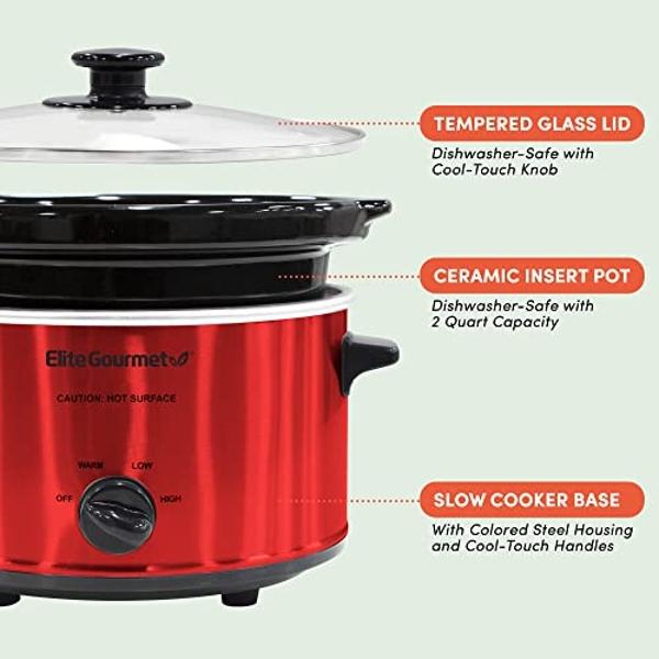 Elite Gourmet MST-275XR# Electric Oval Slow Cooker, Adjustable Temp, Entrees, Sauces, Stews & Dips, Dishwasher Safe Glass Lid & Crock (2 Quart, Metallic Red)