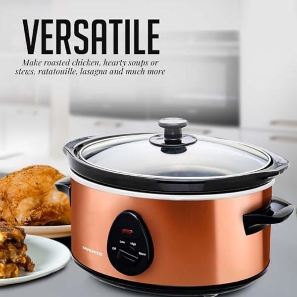 OVENTE Electric Slow Cooker with 3 Cooking Settings, Non-Stick and Dishwasher Safe Stoneware, Stainless Steel Body, Glass Lid, 3.7 Qt Oval Pot for Entrees, Soups, Sauces, Stews & D