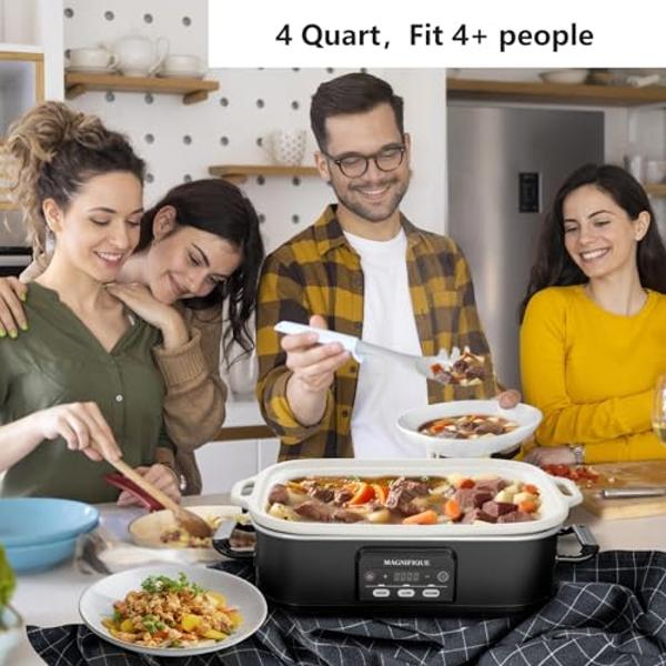 MAGNIFIQUE Small 4 Quart Casserole Programmable Slow Cooker with Ceramic Baking Dish - Perfect Kitchen Small Appliance for Family Dinners, Oven Safe and Durable Bakeware for Lasagn