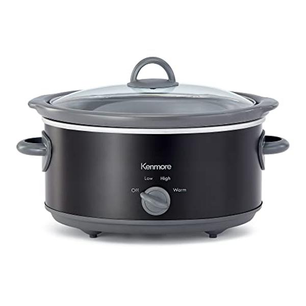 Kenmore 5 Quart Slow Cooker - Mini Crock Pot With Glass Lid, Stainless Steel Electric Cookers, Warm Rice & Sous Vide Stew, Soup, Lunch, Dishwaher Safe Non-Stick Ceramic Insert, 5 l