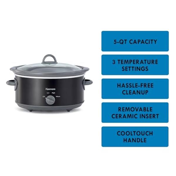 Kenmore 5 Quart Slow Cooker - Mini Crock Pot With Glass Lid, Stainless Steel Electric Cookers, Warm Rice & Sous Vide Stew, Soup, Lunch, Dishwaher Safe Non-Stick Ceramic Insert, 5 l