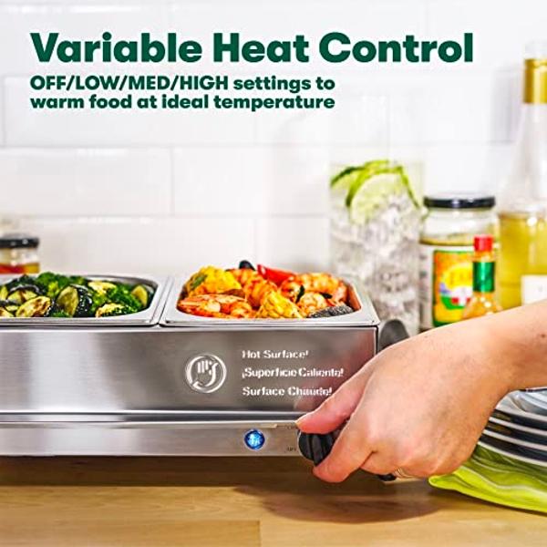 BELLA 3 x 1.5 Quart Triple Electric Buffet Server, Food Warming Tray & Slow Cooker - Brushed Stainless Steel Heated Serving Station for Parties & Catering
