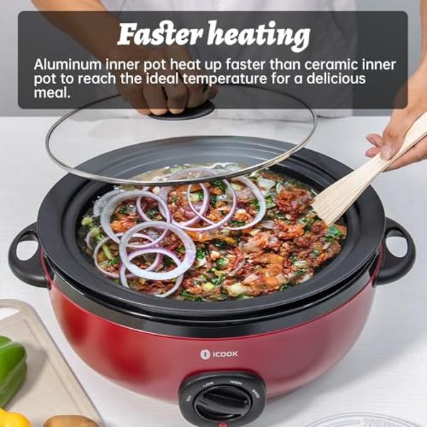 ICOOK USC-35-OP001RD 3.5 Quart Slow Cooker,Aluminium Sear/Sauté Stew Pot Stovetop safe,Dishwasher Safe,Glass Lid,Adjustable Temp,Food Warmer,Red