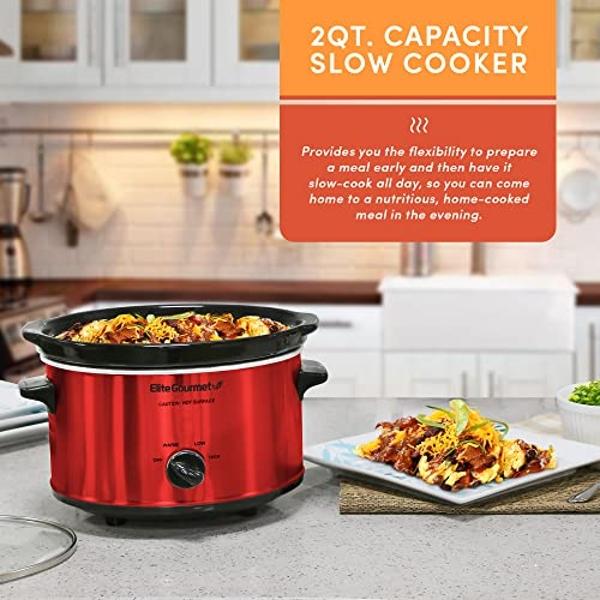 Elite Gourmet MST-275XR# Electric Oval Slow Cooker, Adjustable Temp, Entrees, Sauces, Stews & Dips, Dishwasher Safe Glass Lid & Crock (2 Quart, Metallic Red)