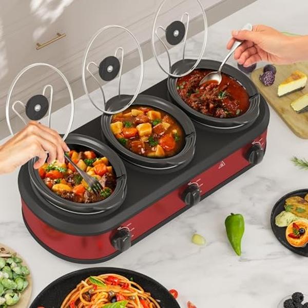 Triple Slow Cooker, 3 X 1.5QT Slow Cooker with 3 Cooking Settings, Buffet Servers and Warmers with Dishwasher-Safe Ceramic Pot, Glass Lid, Red