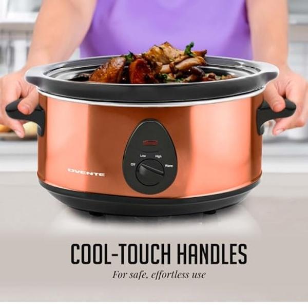 OVENTE Electric Slow Cooker with 3 Cooking Settings, Non-Stick and Dishwasher Safe Stoneware, Stainless Steel Body, Glass Lid, 3.7 Qt Oval Pot for Entrees, Soups, Sauces, Stews & D