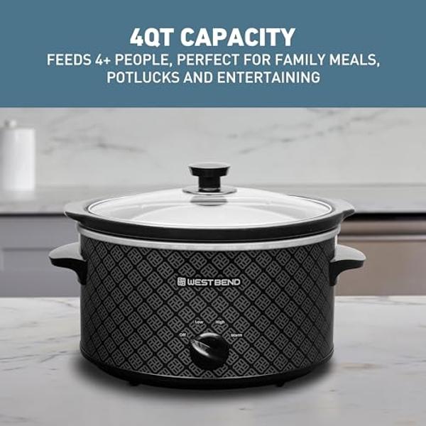 West Bend Slow Cooker 4-Quart Manual Crockery Style with Dishwasher Safe Oval Ceramic Crockpot and Glass Lid Two Temperature Settings Plus Keep Warm, 210-Watts, Black