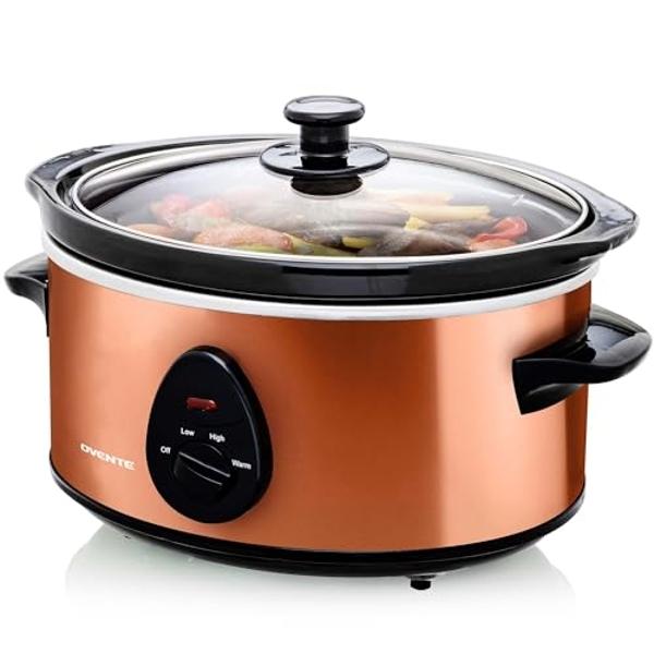 OVENTE Electric Slow Cooker with 3 Cooking Settings, Non-Stick and Dishwasher Safe Stoneware, Stainless Steel Body, Glass Lid, 3.7 Qt Oval Pot for Entrees, Soups, Sauces, Stews & D