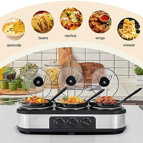 Triple Slow Cooker Buffet Server Food Warmer with 3 Adjustable Temperature Modes, Slow Cooker with 1.5 QT Ceramic Pot, Removeable Glass Lid and 3 PVC Spoons, Dishwasher Safe, Stain