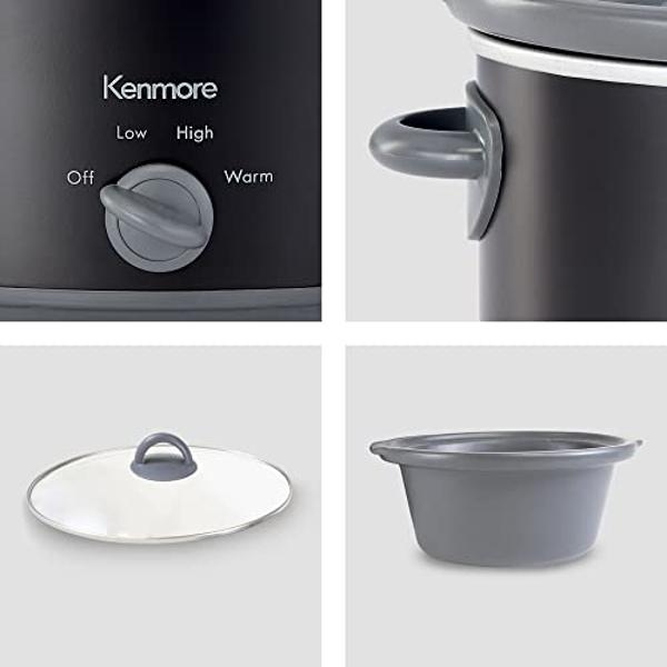 Kenmore 5 Quart Slow Cooker - Mini Crock Pot With Glass Lid, Stainless Steel Electric Cookers, Warm Rice & Sous Vide Stew, Soup, Lunch, Dishwaher Safe Non-Stick Ceramic Insert, 5 l