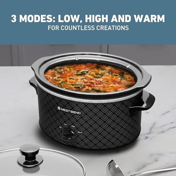 West Bend Slow Cooker 4-Quart Manual Crockery Style with Dishwasher Safe Oval Ceramic Crockpot and Glass Lid Two Temperature Settings Plus Keep Warm, 210-Watts, Black