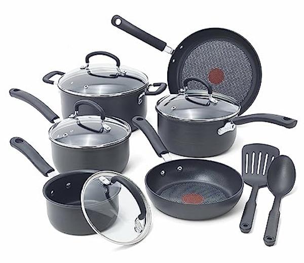 T-fal Ultimate Hard Anodized Nonstick Cookware Set 12 Piece, Oven Broiler Safe 400F, Lid Safe 350F, Kitchen Cooking Set w/Fry Pans, Saucepans, Dutch Oven, Pots and Pans, Dishwasher