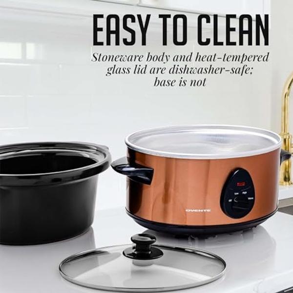 OVENTE Electric Slow Cooker with 3 Cooking Settings, Non-Stick and Dishwasher Safe Stoneware, Stainless Steel Body, Glass Lid, 3.7 Qt Oval Pot for Entrees, Soups, Sauces, Stews & D