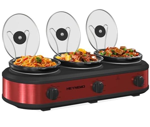 Triple Slow Cooker, 3 X 1.5QT Slow Cooker with 3 Cooking Settings, Buffet Servers and Warmers with Dishwasher-Safe Ceramic Pot, Glass Lid, Red