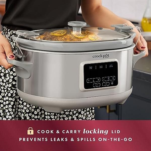Crock-Pot 7-Quart Programmable Cook & Carry Slow Cooker with Sous Vide, Secure Locking Lid, Portable Cooking, Perfect for Families and Gatherings, Stainless Steel