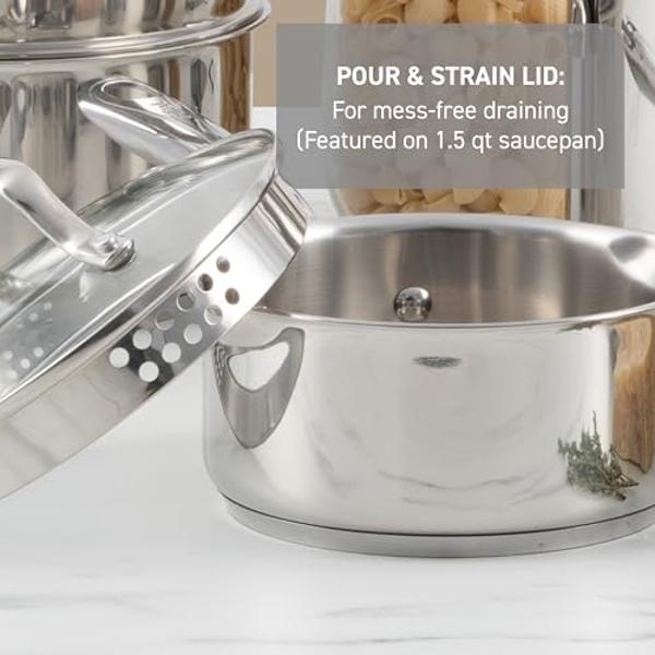 T-fal Stainless Steel Cookware Set 11 Piece, Induction, Oven Broiler Safe 500F, Kitchen Cooking Set w/Fry Pans, Saucepans, Saute Pan, Dutch Oven, Steamer, Pots and Pans, Dishwasher