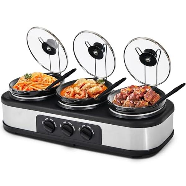 Triple Slow Cooker Buffet Server Food Warmer with 3 Adjustable Temperature Modes, Slow Cooker with 1.5 QT Ceramic Pot, Removeable Glass Lid and 3 PVC Spoons, Dishwasher Safe, Stain