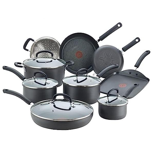 T-fal Ultimate Hard Anodized Nonstick Cookware Set 14 Piece, Oven Broiler Safe 400F, Lid Safe 350F, Kitchen Cooking Set w/Fry Pans, Saucepans, Griddle, Dutch Oven, Pots & Pans, Dis