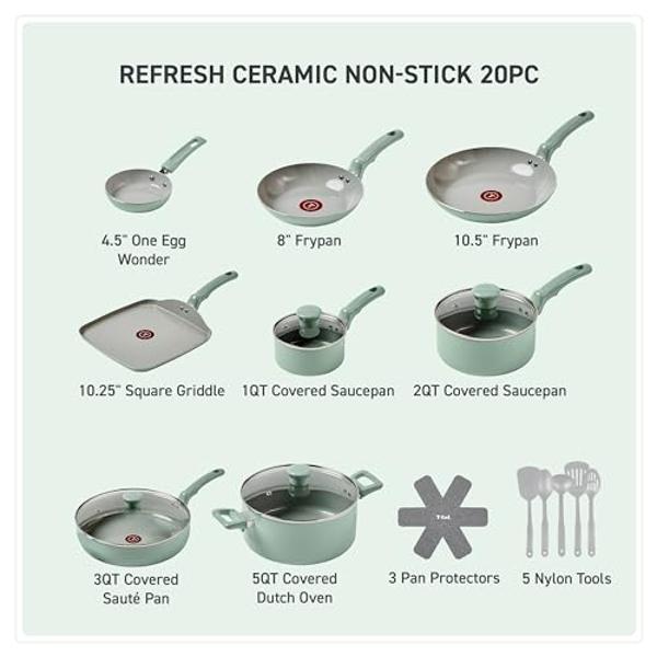 T-fal Refresh Ceramic, Ceramic Non Stick Cookware Set 20 Piece, Oven Broiler Safe 350F, Kitchen Set w/Egg Pan, Fry Pans, Saucepans, Griddle, Sautepan, Dutch Oven & Utensils, Pots, 