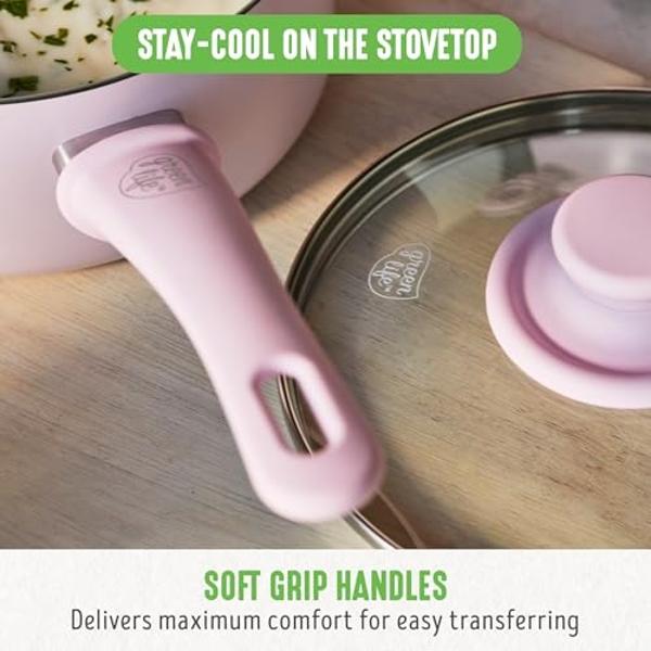 GreenLife Soft Grip 16 Piece Cookware Set, Non-Toxic PFAS-Free Ceramic Nonstick, Frying, Sauce, Saute, Utensils, Glass Lids, Stay-Cool Handles, Wobble Free, Dishwasher & Oven Safe,