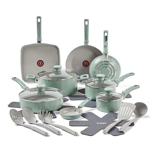 T-fal Refresh Ceramic, Ceramic Non Stick Cookware Set 20 Piece, Oven Broiler Safe 350F, Kitchen Set w/Egg Pan, Fry Pans, Saucepans, Griddle, Sautepan, Dutch Oven & Utensils, Pots, 