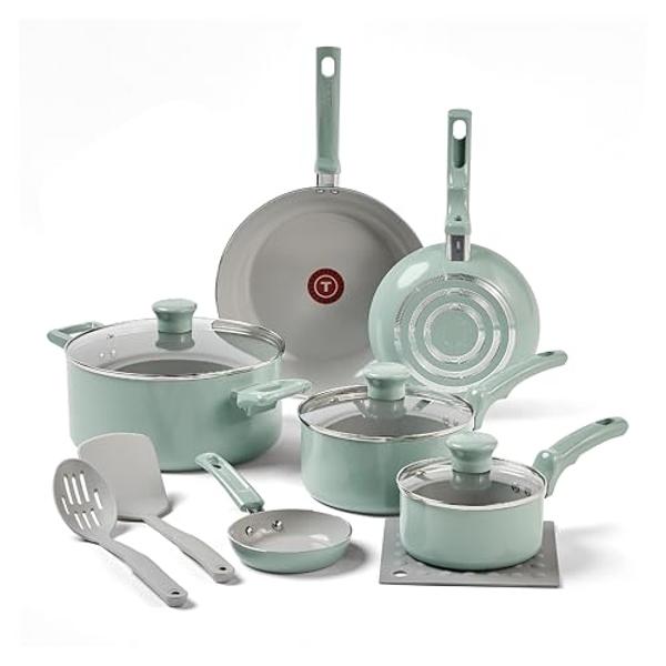 T-fal Refresh Ceramic, Ceramic Non Stick Cookware Set 12 Piece, Oven Broiler Safe 350F, Cookware, Kitchen Cooking Set w/Fry Pans, Saucepans & Kitchen Utensils, Pots and Pans Set No