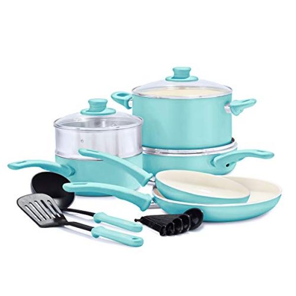 T-fal Refresh Ceramic, Ceramic Non Stick Cookware Set 20 Piece, Oven Broiler Safe 350F, Kitchen Set w/Egg Pan, Fry Pans, Saucepans, Griddle, Sautepan, Dutch Oven & Utensils, Pots, 