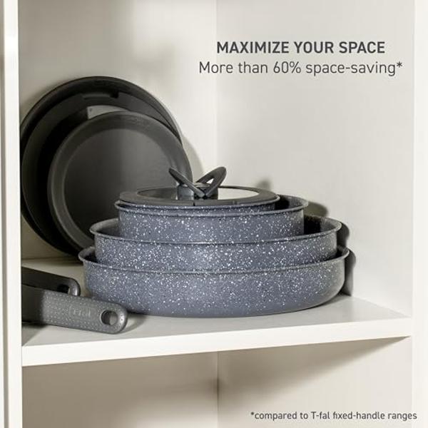 T-fal Ingenio Essentials Cookware Set with Detachable/Removable Handle 11 Piece, Granite Titanium Non Stick, Oven Broiler Safe 500F, Stackable, Pots and Pans Set, Frying Pans, Dish