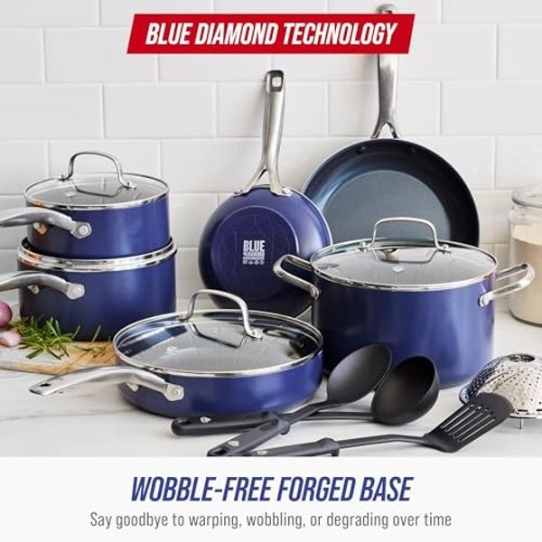 Blue Diamond 14 Piece Cookware Set, Diamond Infused PFAS & PFOA-Free Ceramic Nonstick Pots and Pans, Durable, Non Toxic, Metal Utensil Safe & Scratch Resistant, Dishwasher & Oven S