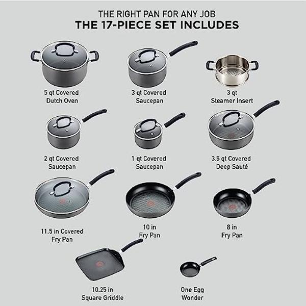 T-fal Ultimate Hard Anodized Nonstick Cookware Set 17 Piece, Oven Broiler Safe 400F, Lid Safe 350F, Kitchen Cooking Set w/Fry Pans, Saucepans, Saute Pan, Griddle, Pots and Pans, Di