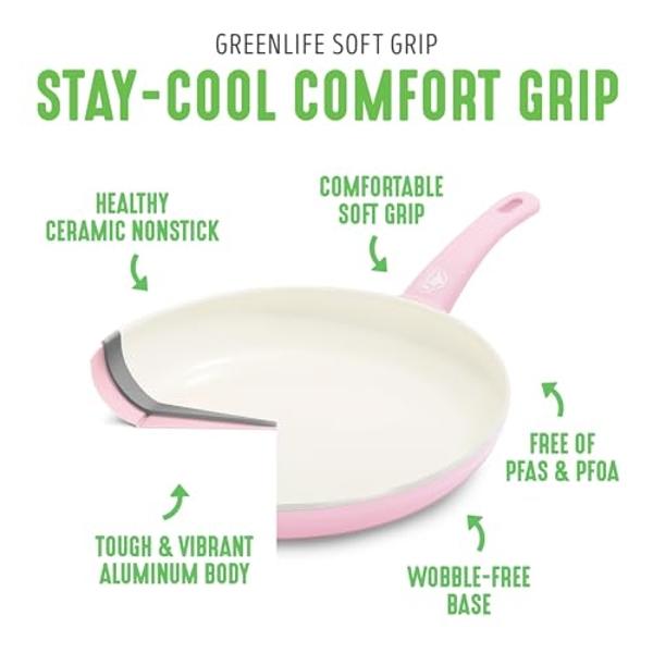 GreenLife Soft Grip 16 Piece Cookware Set, Non-Toxic PFAS-Free Ceramic Nonstick, Frying, Sauce, Saute, Utensils, Glass Lids, Stay-Cool Handles, Wobble Free, Dishwasher & Oven Safe,