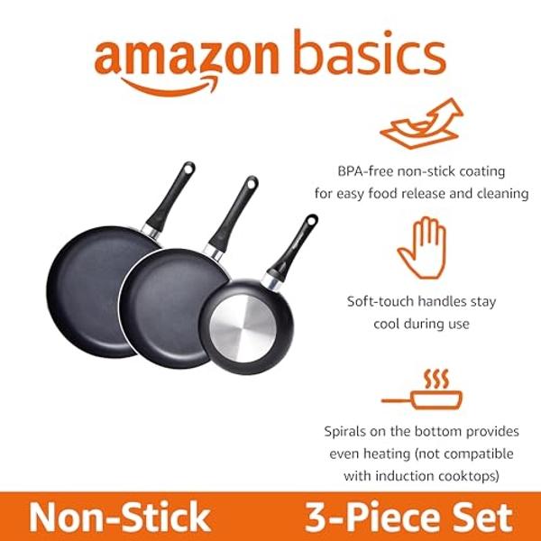 Amazon Basics Non Stick 3-Piece Kitchen Cookware Set, Includes 8-inch, 10-inch, 12-inch Pan, Black