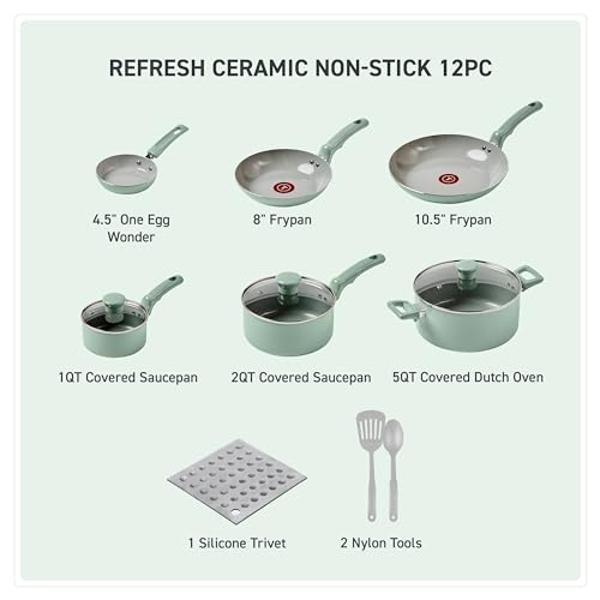 T-fal Refresh Ceramic, Ceramic Non Stick Cookware Set 12 Piece, Oven Broiler Safe 350F, Cookware, Kitchen Cooking Set w/Fry Pans, Saucepans & Kitchen Utensils, Pots and Pans Set No