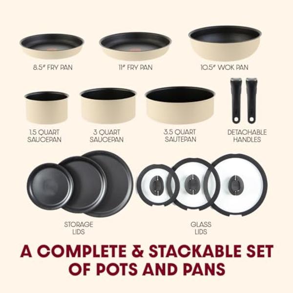T-fal Ingenio Essentials Cookware Set with Detachable/Removable Handle 11 Piece, Granite Titanium Non Stick, Oven Broiler Safe 500F, Stackable, Pots and Pans Set, Frying Pans, Dish