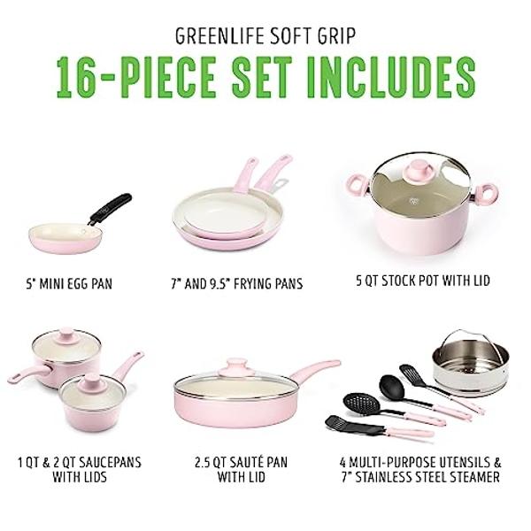 GreenLife Soft Grip 16 Piece Cookware Set, Non-Toxic PFAS-Free Ceramic Nonstick, Frying, Sauce, Saute, Utensils, Glass Lids, Stay-Cool Handles, Wobble Free, Dishwasher & Oven Safe,