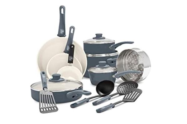 T-fal Refresh Ceramic, Ceramic Non Stick Cookware Set 20 Piece, Oven Broiler Safe 350F, Kitchen Set w/Egg Pan, Fry Pans, Saucepans, Griddle, Sautepan, Dutch Oven & Utensils, Pots, 