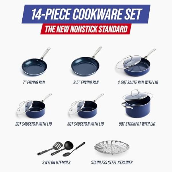 Blue Diamond 14 Piece Cookware Set, Diamond Infused PFAS & PFOA-Free Ceramic Nonstick Pots and Pans, Durable, Non Toxic, Metal Utensil Safe & Scratch Resistant, Dishwasher & Oven S
