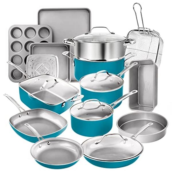 Gotham Steel 20 Piece Pots and Pans Set Nonstick Cookware Set, Pot and Pan Set, Kitchen Cookware Sets, Ceramic Cookware Set, Ceramic Pots and Pans Set, Pot Set, Dishwasher Safe, Aq