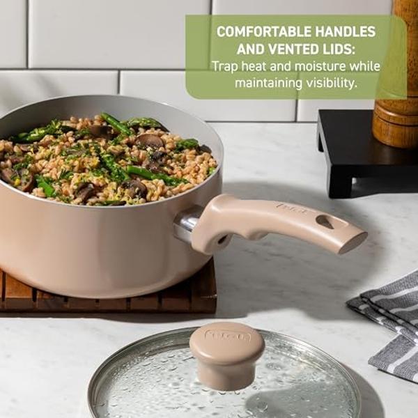 T-fal Refresh Ceramic, Ceramic Non Stick Cookware Set 20 Piece, Oven Broiler Safe 350F, Kitchen Set w/Egg Pan, Fry Pans, Saucepans, Griddle, Sautepan, Dutch Oven & Utensils, Pots, 